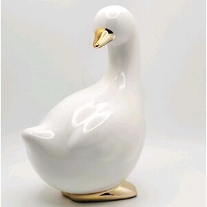 Bullseye Playground Ceramic Goose Figurine White with Gold Accents Farmhouse